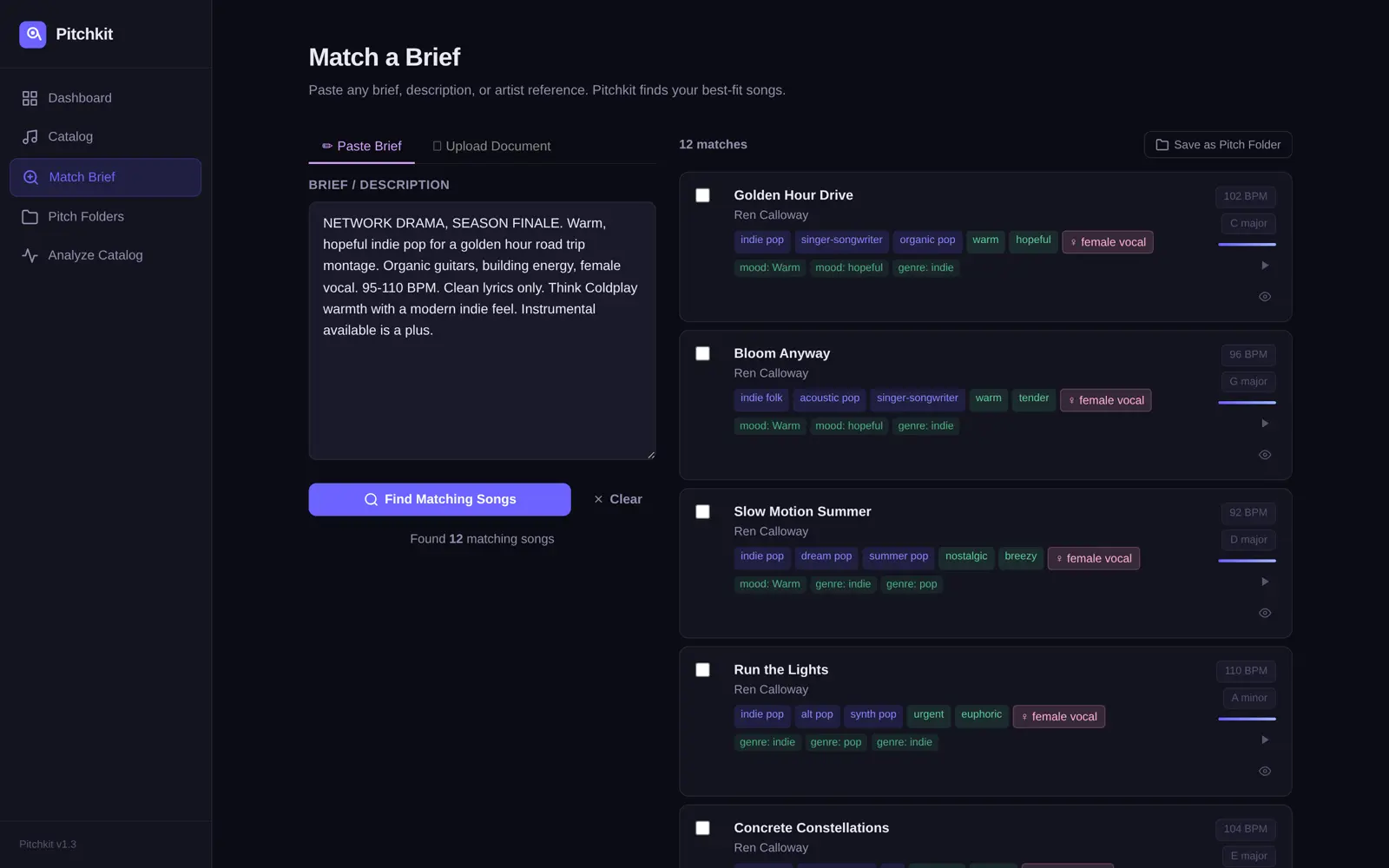 Pitchkit match results for a sync brief, showing ranked songs with BPM, key, genre and mood tags, and match strength bars