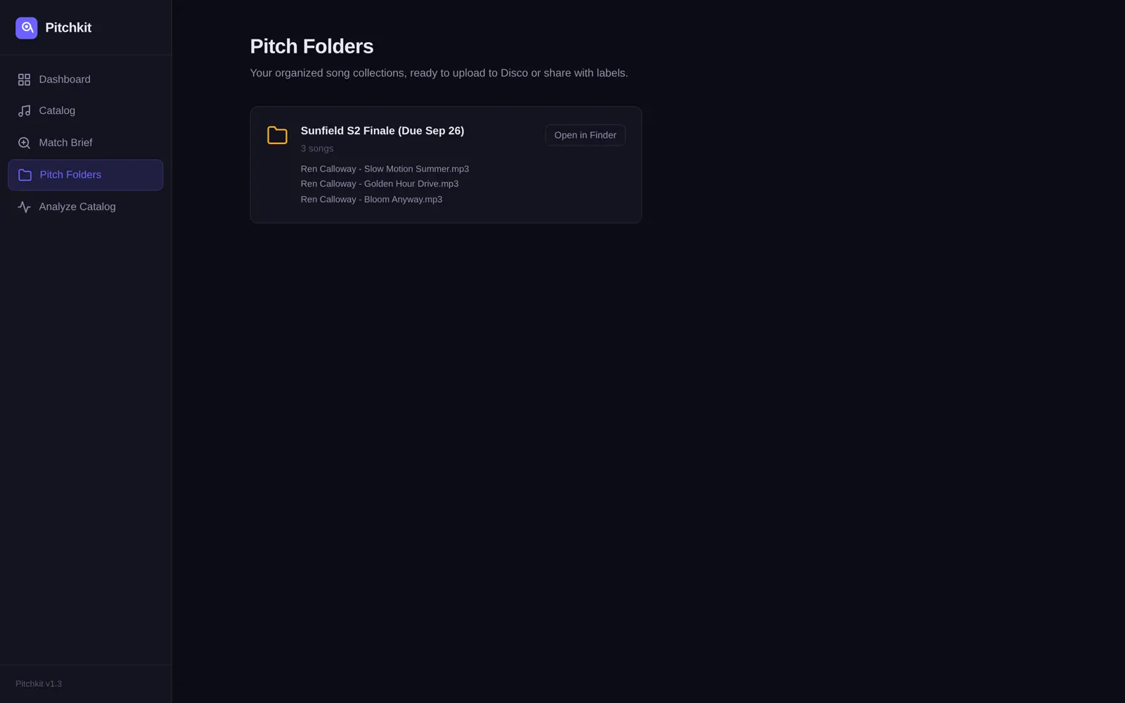 Pitchkit pitch folders page showing a created folder named after the brief containing three selected songs with Artist - Title filenames