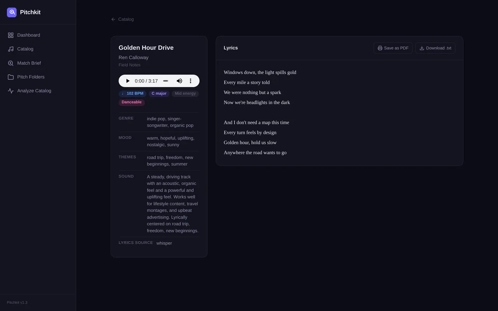 Pitchkit song page showing BPM, key, genre, mood, themes, a sound description, and transcribed lyrics with export buttons
